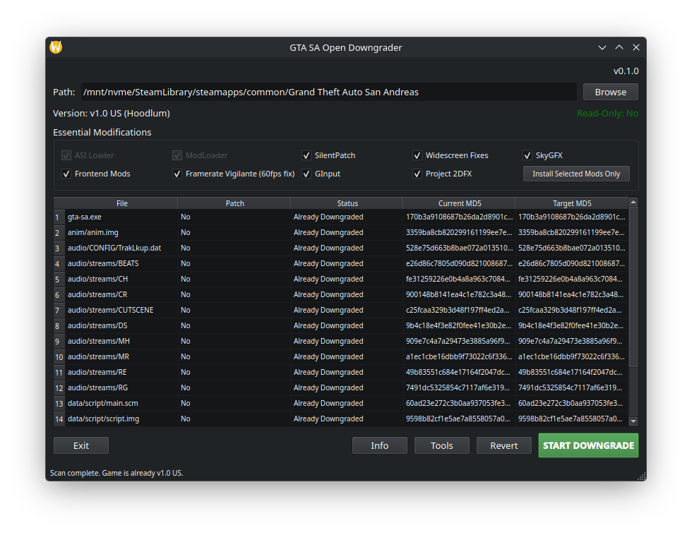 GTA SA Open Downgrader application preview